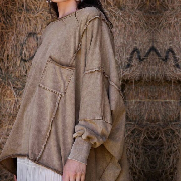 Freevana Boho Batwing Sleeve Oversized French Terry Top - Picture 2 of 3